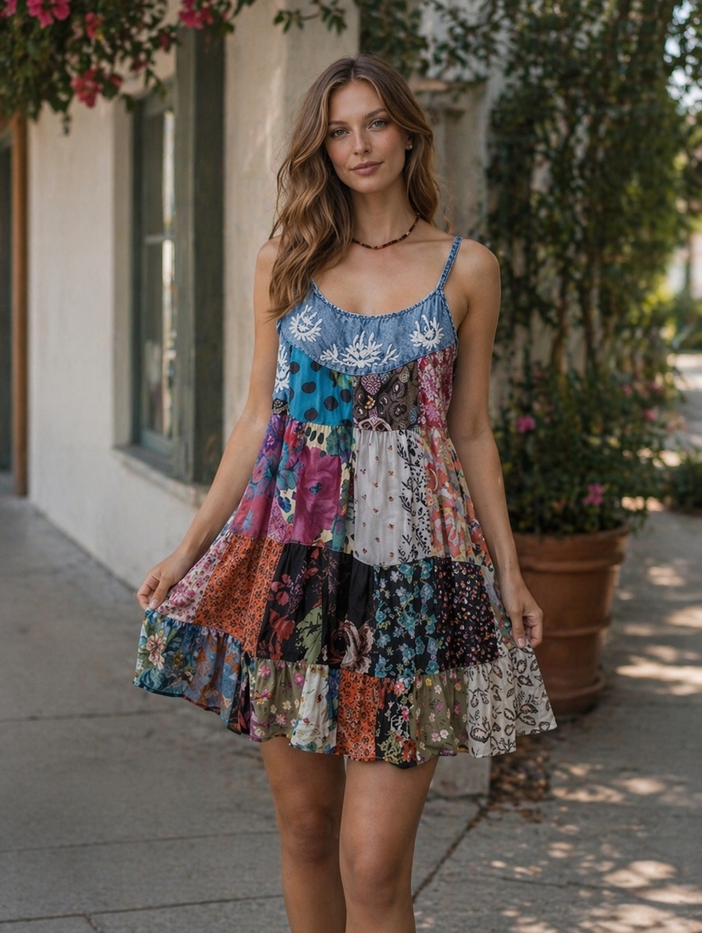 YOUNG THREADS (MOLLY GREEN) Boho Patchwork Tunic Dress | Denim Yoke Embroidered